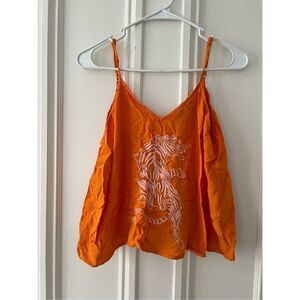 America & Beyond bring orange embroidered tiger v-neck tank M